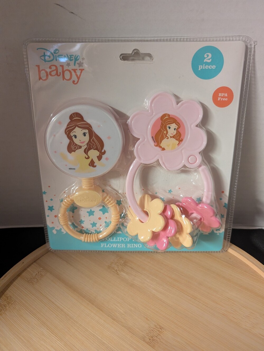 New 2 PIECE DISNEY BABY PRINCESS BELLE  LOLLIPOP RATTLE & FLOWER RING TEETHER